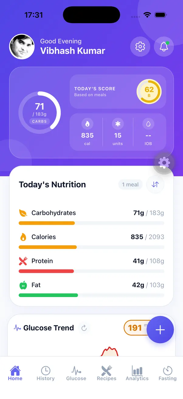 GlucIQ Meals view tying meals to their glucose response