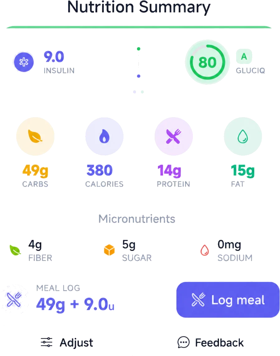 GlucIQ editable nutrition summary with macros and meal score